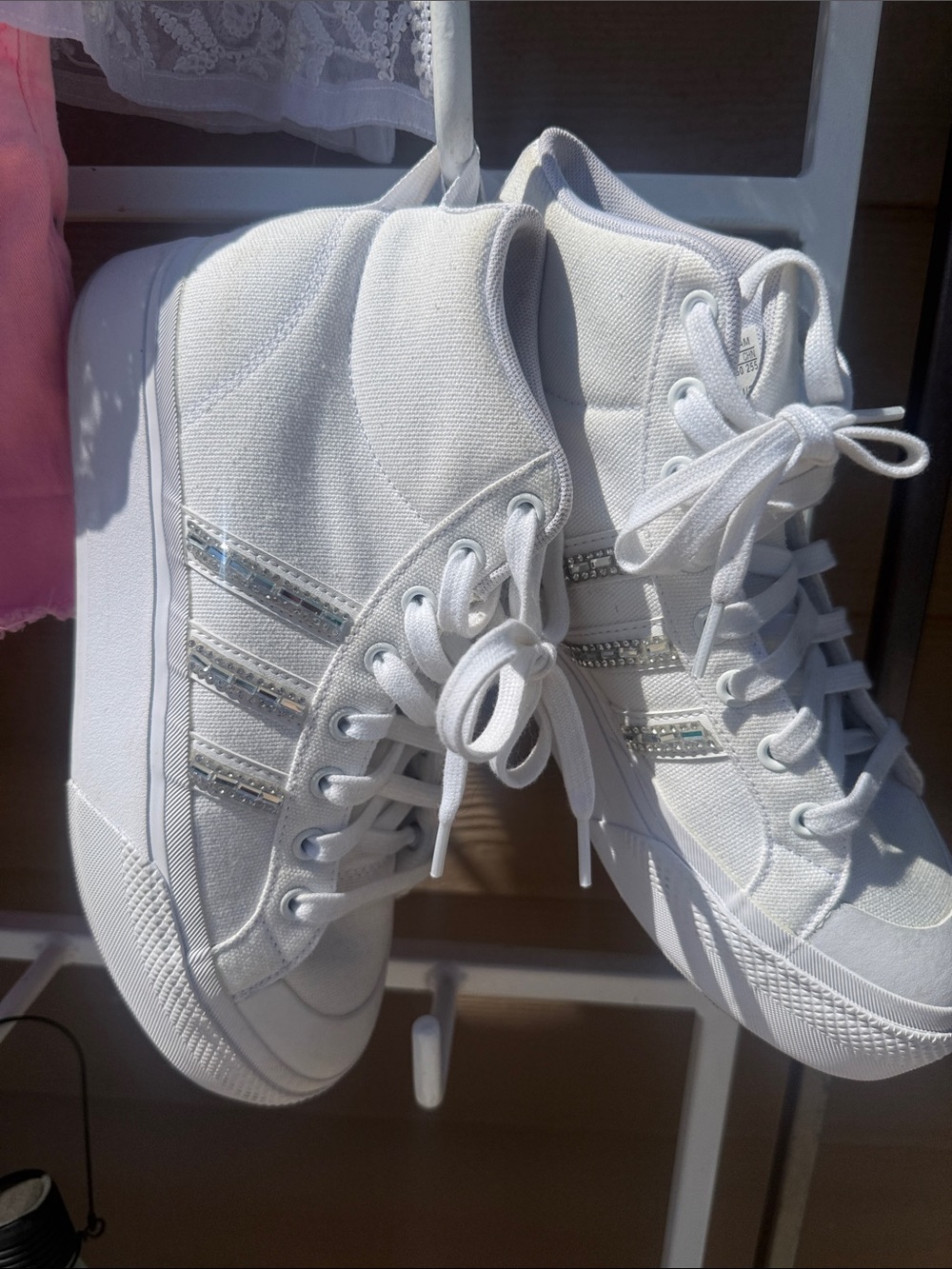 New Custom bling Addidas White High-Top Platform canvas rubber top sz9